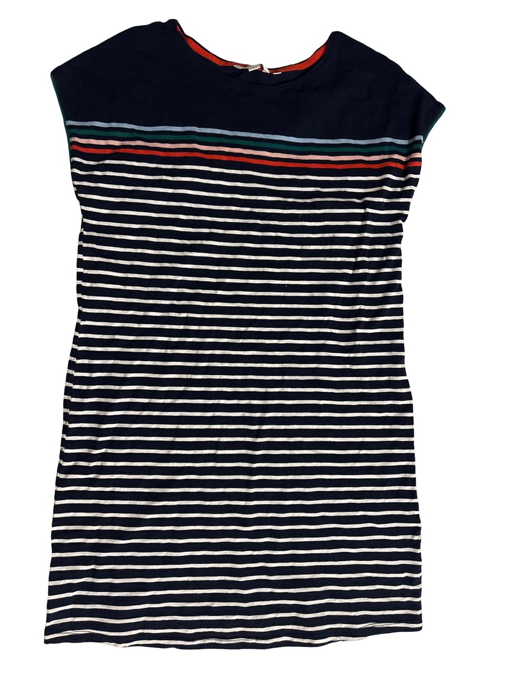 Boden Navy and White Striped Sheath Dress with Red and Teal Accent